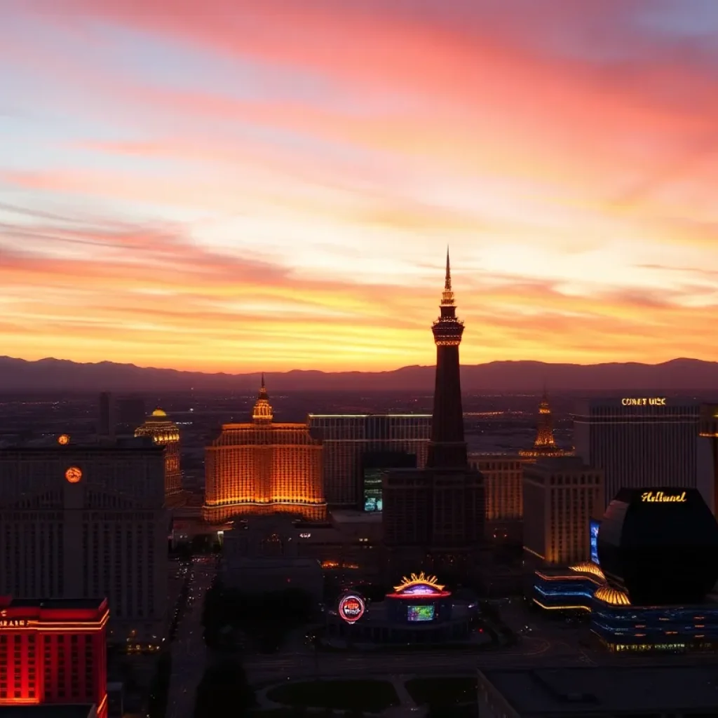 Vibrant Las Vegas skyline at sunset with casinos and lights.