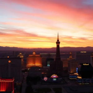 Vibrant Las Vegas skyline at sunset with casinos and lights.