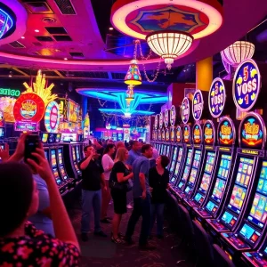 People enjoying the Slotapalooza celebration in a Las Vegas casino with slot machines.