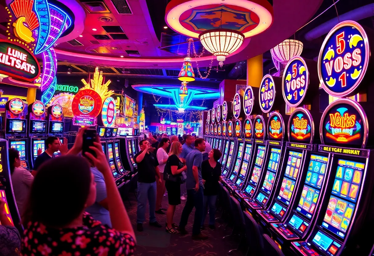 People enjoying the Slotapalooza celebration in a Las Vegas casino with slot machines.