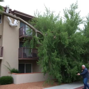 Fallen tree on condo building in Las Vegas after severe storm