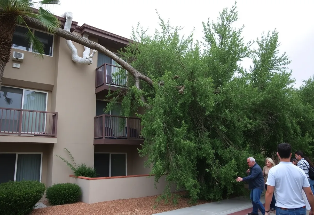 Fallen tree on condo building in Las Vegas after severe storm