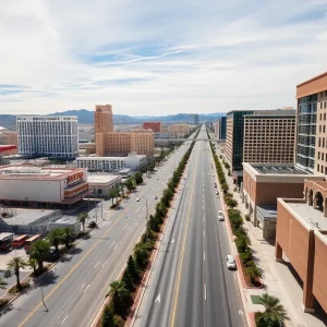 Panoramic view of an empty Las Vegas Strip, highlighting the decline in tourism.