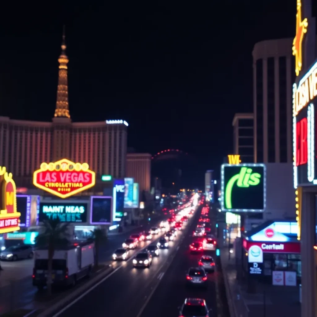 Night view of the Las Vegas Strip with colorful neon lights