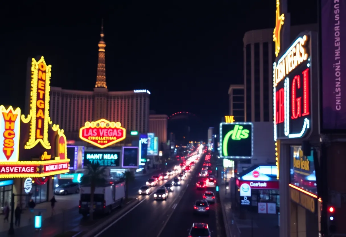 Night view of the Las Vegas Strip with colorful neon lights