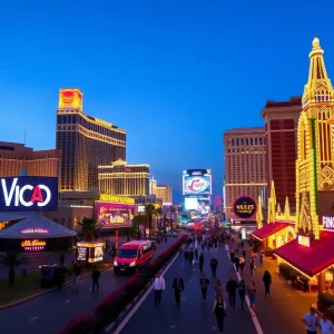 A bustling scene of the Las Vegas Strip filled with tourists and bright lights.
