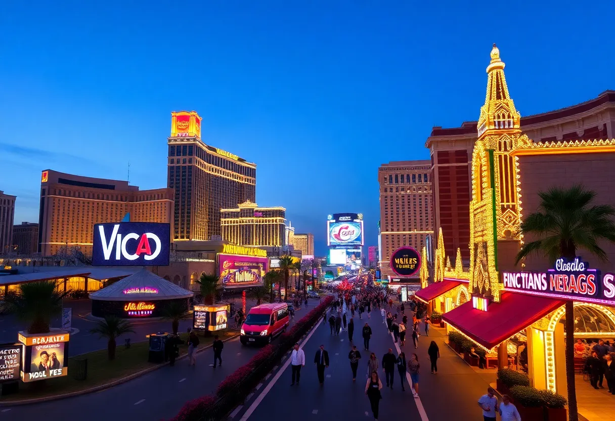A bustling scene of the Las Vegas Strip filled with tourists and bright lights.