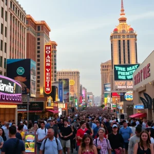 A view of the Las Vegas Strip illuminated at night with busy crowds.