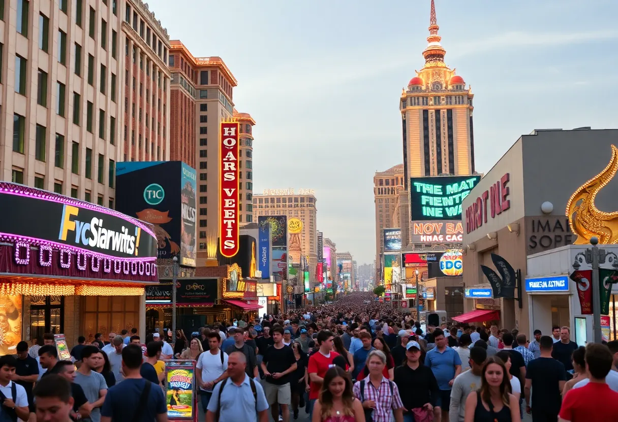 A view of the Las Vegas Strip illuminated at night with busy crowds.