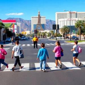 Children crossing the street with crossing guards in Las Vegas