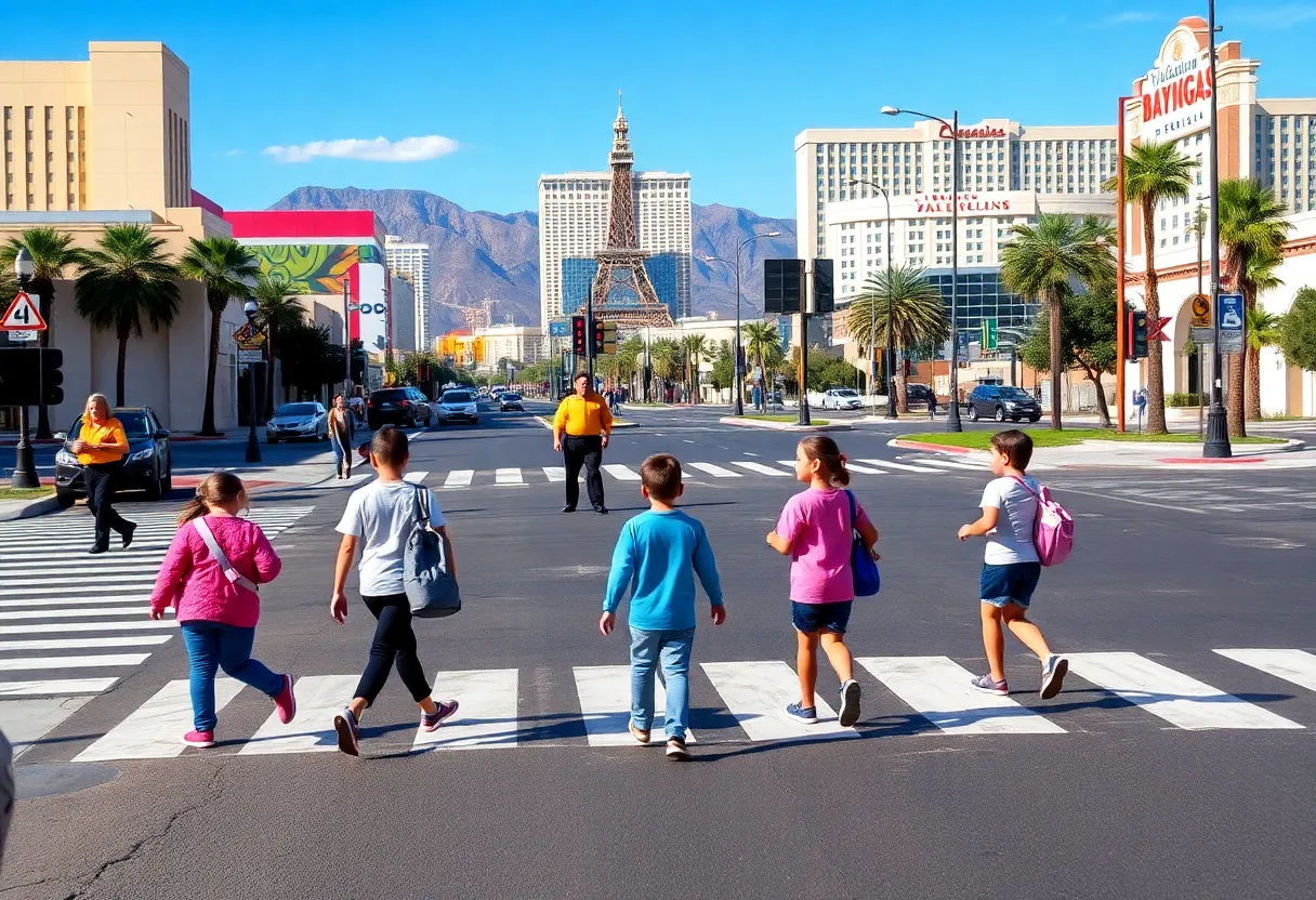 Children crossing the street with crossing guards in Las Vegas
