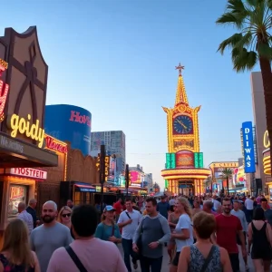 A bustling Las Vegas street with entertainers and audiences enjoying summer shows.