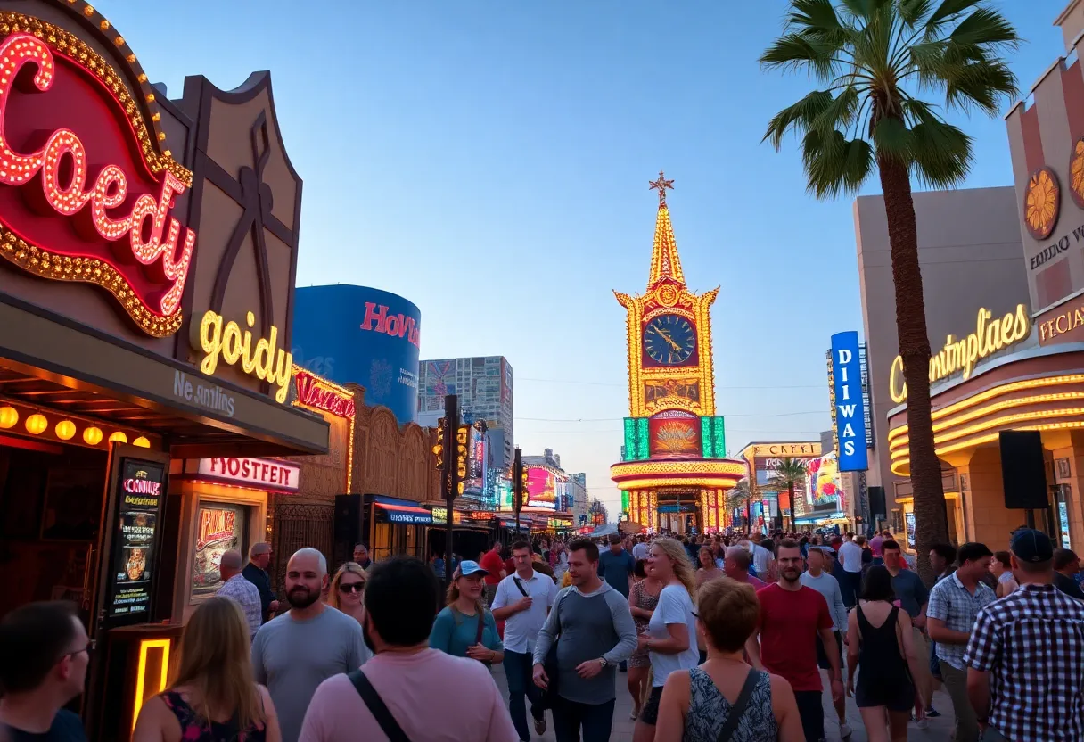 A bustling Las Vegas street with entertainers and audiences enjoying summer shows.