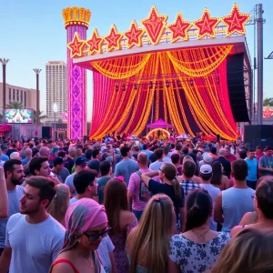 Outdoor concert in Las Vegas with a diverse crowd enjoying live music