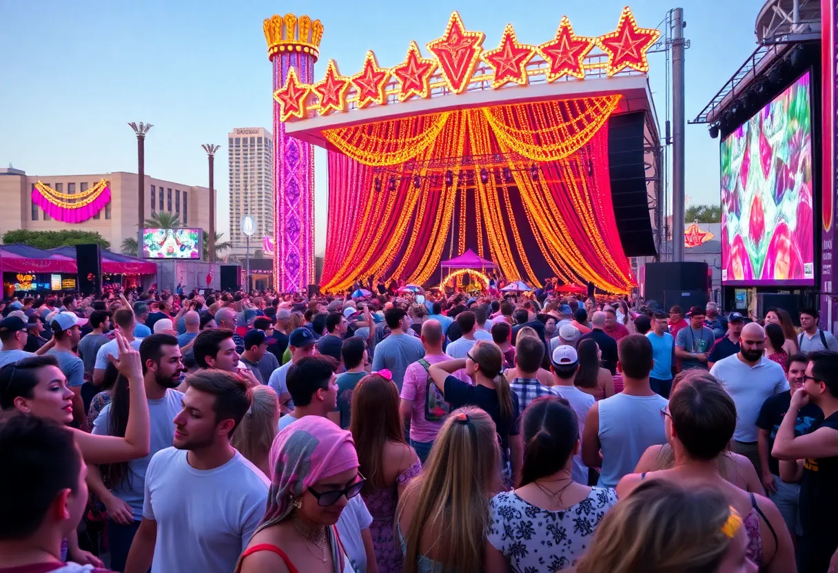 Outdoor concert in Las Vegas with a diverse crowd enjoying live music