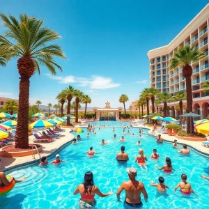 Visitors enjoying summer at a Las Vegas resort pool