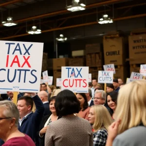 Public hearing in Las Vegas discussing tax policy with people and signs.