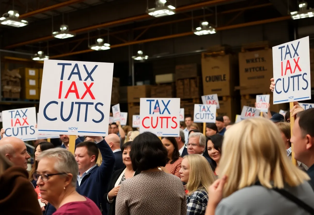 Public hearing in Las Vegas discussing tax policy with people and signs.