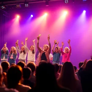 Celebration of young theater performers with trophies on stage