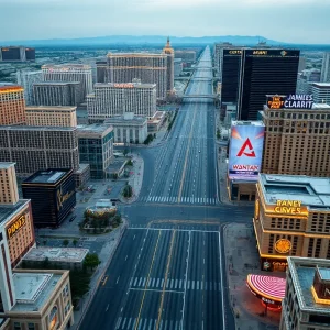 Aerial view showing the Las Vegas Strip with fewer tourists and vacant spaces.