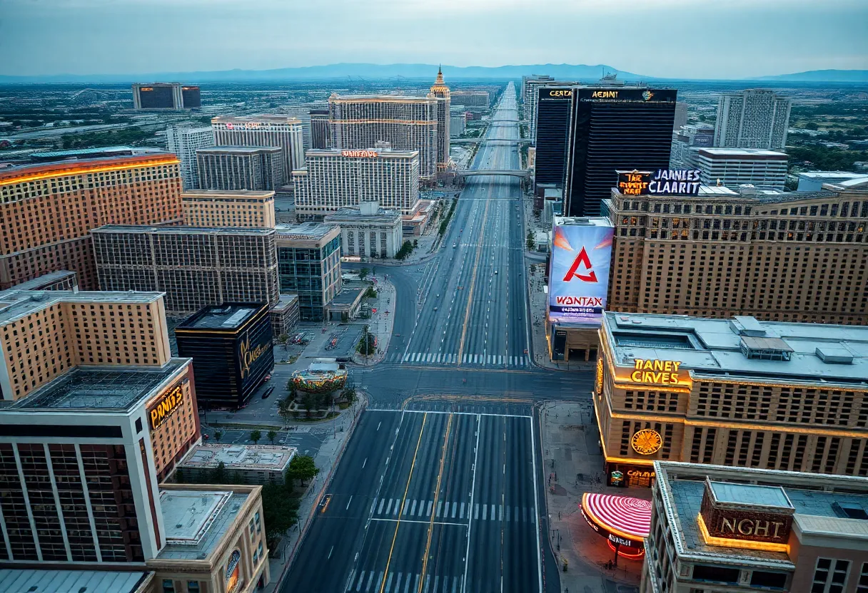 Aerial view showing the Las Vegas Strip with fewer tourists and vacant spaces.