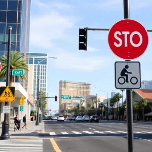 Traffic intersection in Las Vegas highlighting road safety.