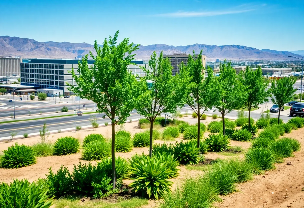 Las Vegas city demonstrating tree planting within an urban environment.