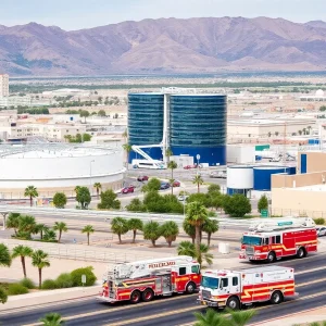 Emergency response vehicles at Las Vegas water treatment plant during water crisis