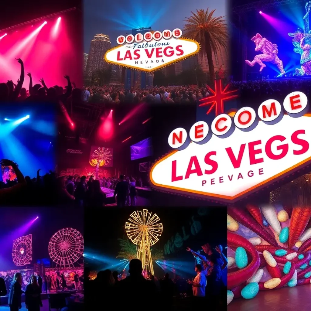 Vibrant collage of Las Vegas weekend events including concerts and nightlife