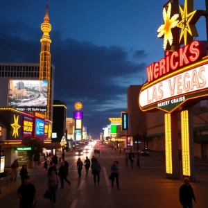 Image of Las Vegas Strip showing casino lights and a mix of bustling and vacant areas.