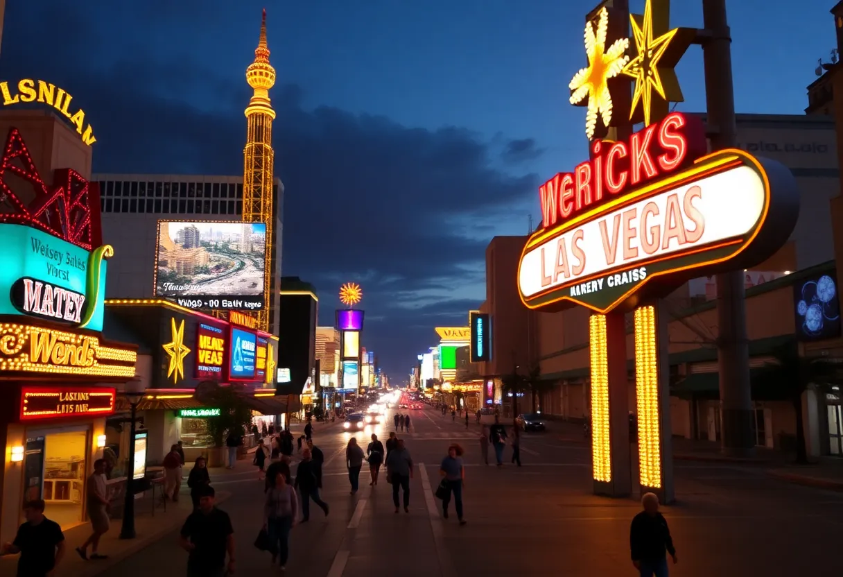 Image of Las Vegas Strip showing casino lights and a mix of bustling and vacant areas.