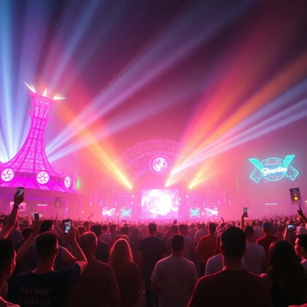 Futuristic music festival in Las Vegas with holographic displays