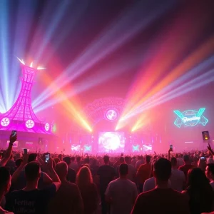 Futuristic music festival in Las Vegas with holographic displays