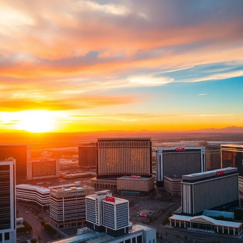 Aerial view of MGM Resorts on the Las Vegas Strip at sunset
