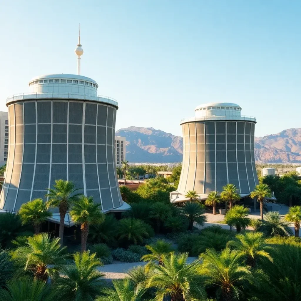 Hybrid cooling towers at MGM Resorts with lush greenery