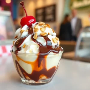 Mini hot fudge sundae with vanilla ice cream and toppings