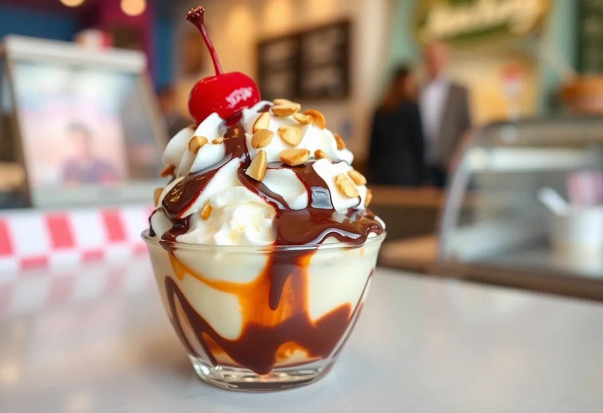 Mini hot fudge sundae with vanilla ice cream and toppings