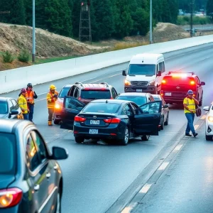 Emergency responders at a multi-vehicle crash site in Las Vegas