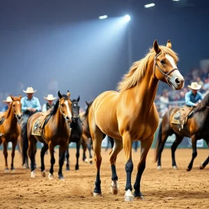 Trained wild mustangs showcased in competition at the Mustang Challenge.