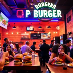 Interior view of NADC Burger pop-up at Resorts World Las Vegas with burgers being served