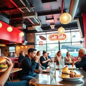 Interior of Naughty Patty's restaurant with patrons enjoying food.