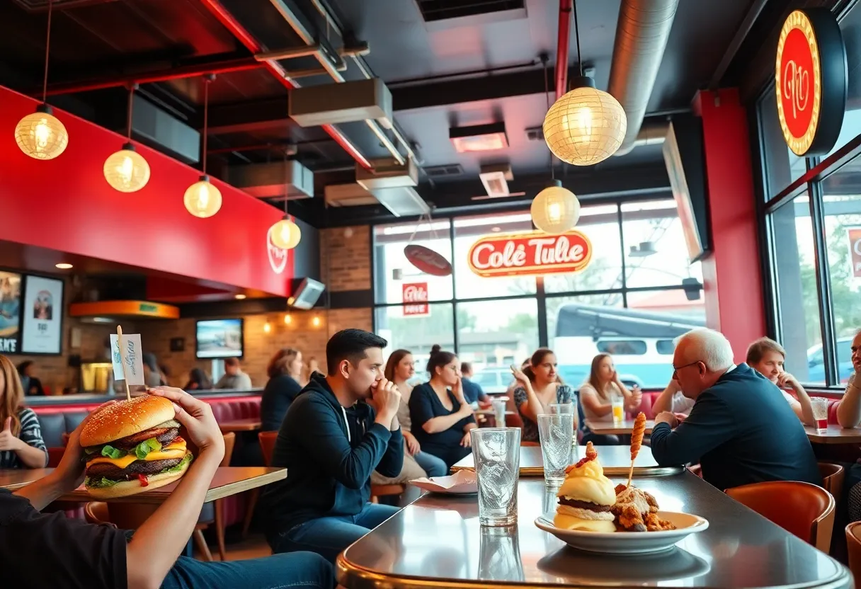 Interior of Naughty Patty's restaurant with patrons enjoying food.