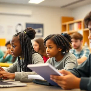 Diverse students in a classroom engaging with educational materials