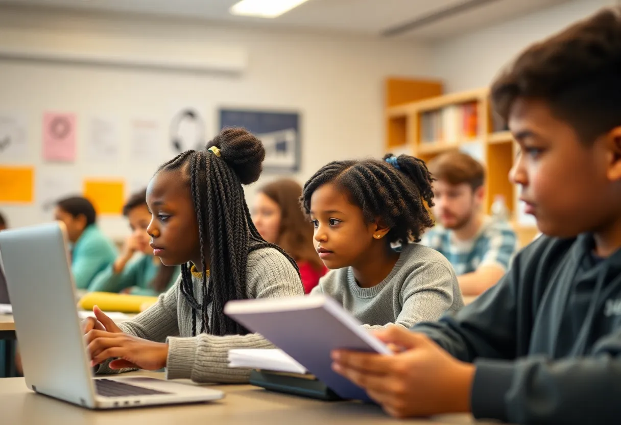 Diverse students in a classroom engaging with educational materials