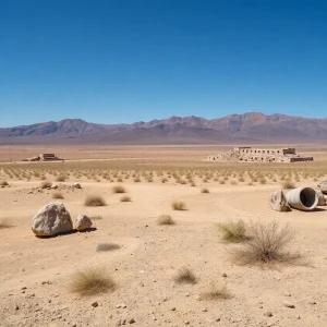Desert landscape of the Nevada Test Site with remnants of nuclear testing