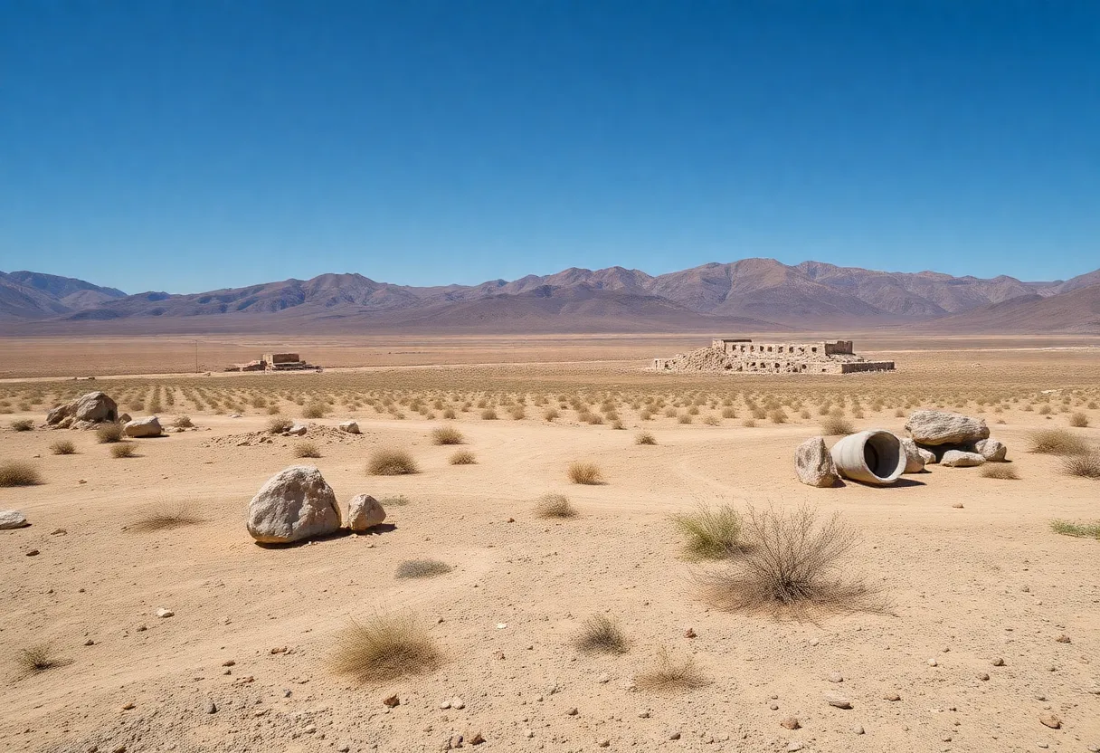 Desert landscape of the Nevada Test Site with remnants of nuclear testing