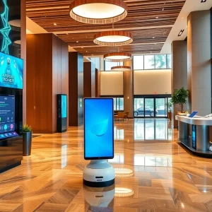 The lobby of Otonomus Hotel featuring AI technology and modern design.