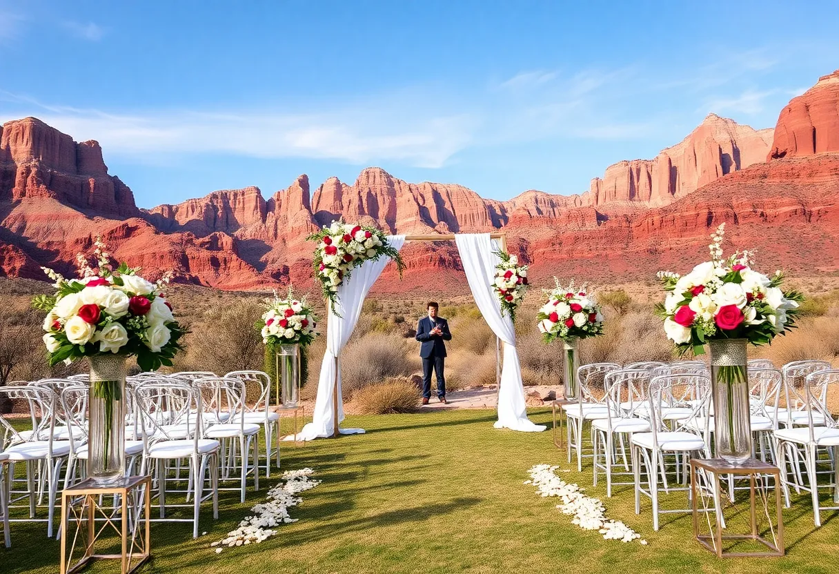 Beautiful outdoor wedding ceremony in Las Vegas with scenic backdrop