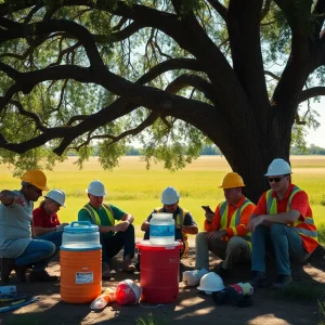 Outdoor workers taking a break in the shade with water.