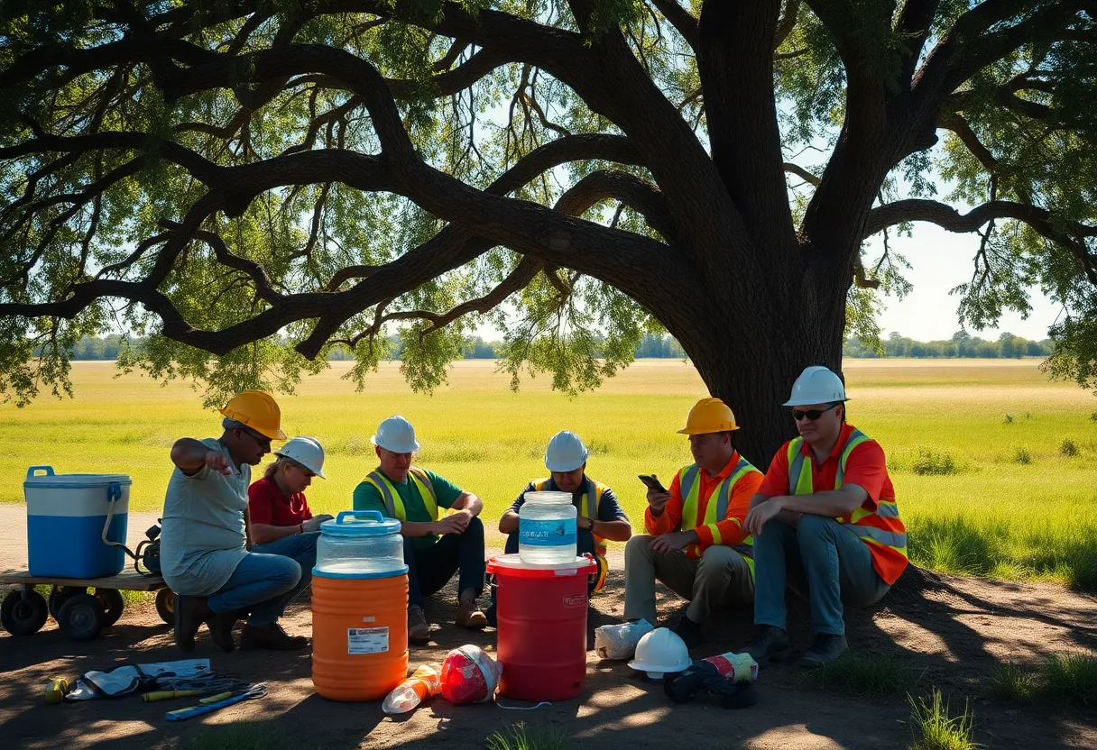 Outdoor workers taking a break in the shade with water.